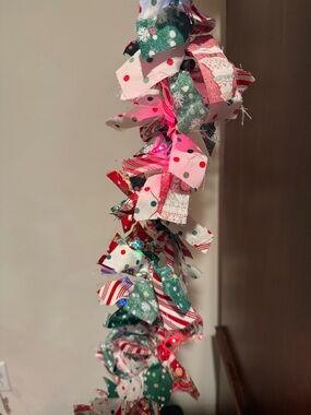 Homemade!! Festive Fabric Rag Garland - Pink, Green, Red, White